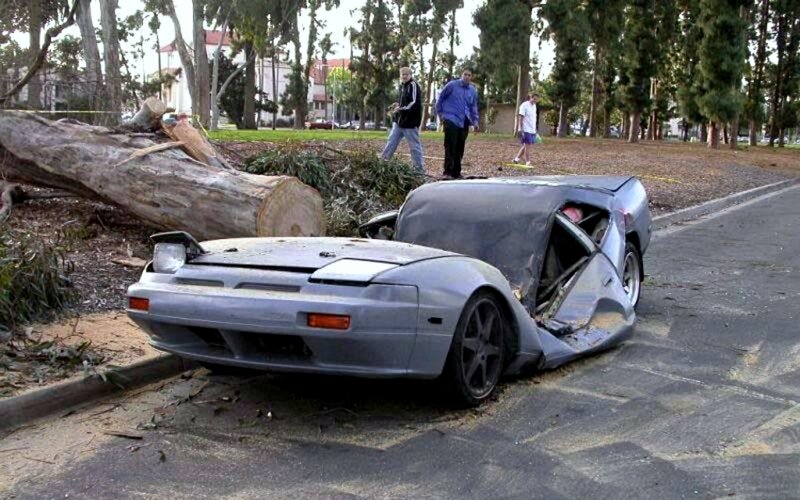 Crashed Silver Sports Car