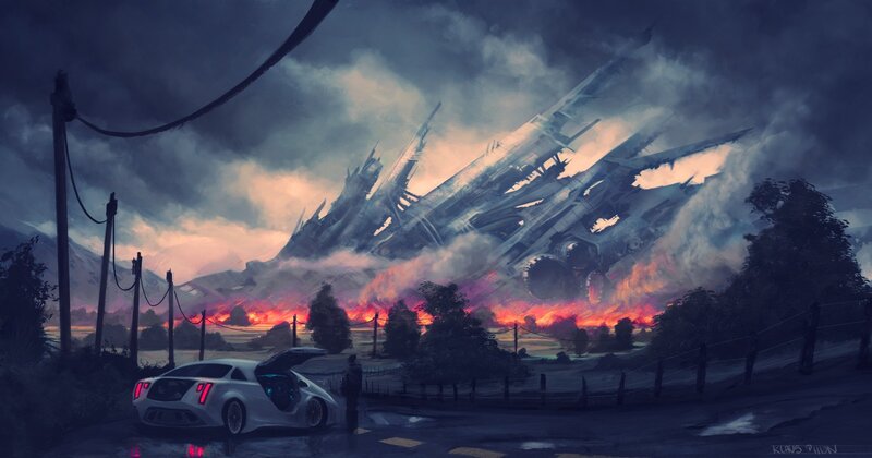Crashed spaceship at dusk