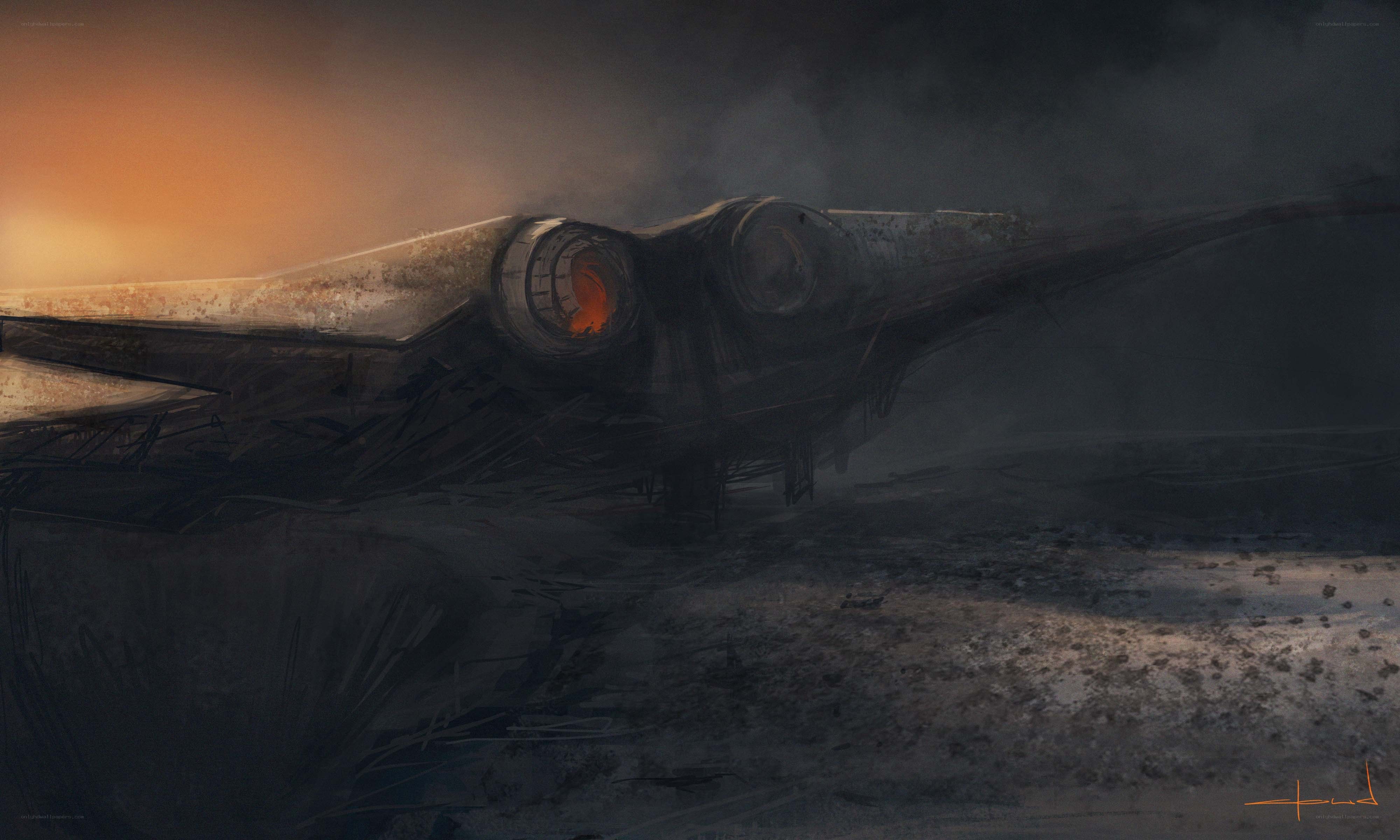 crashed spaceship at dusk