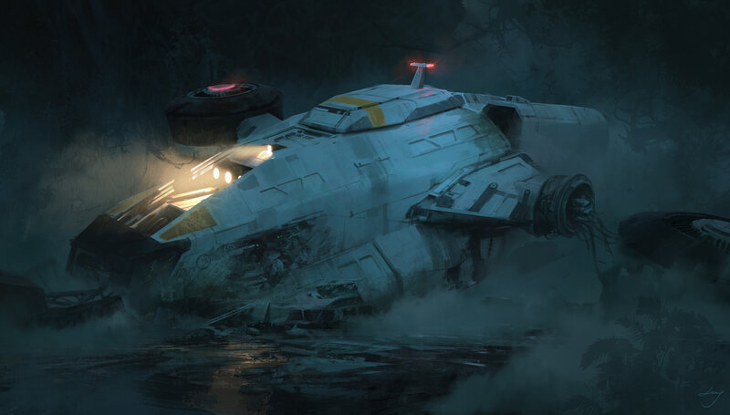 Crashed Spaceship — Gray, Dramatic, Night, Digital Art