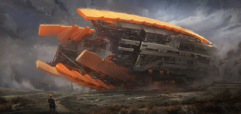 Crashed Spaceship — Gray, Dramatic, Night