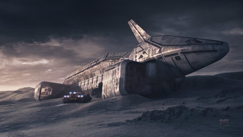 Crashed Spaceship — Gray, Dramatic, Sunset