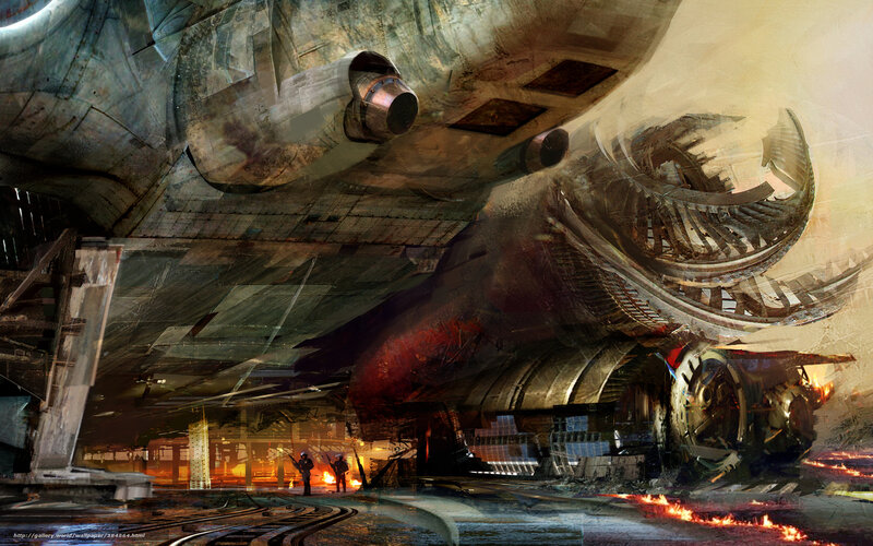 Crashed spaceship in a hangar