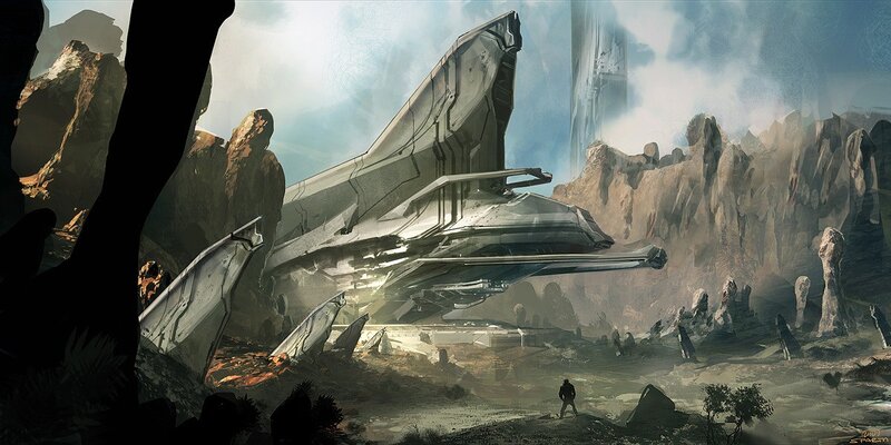 Crashed spaceship in alien landscape