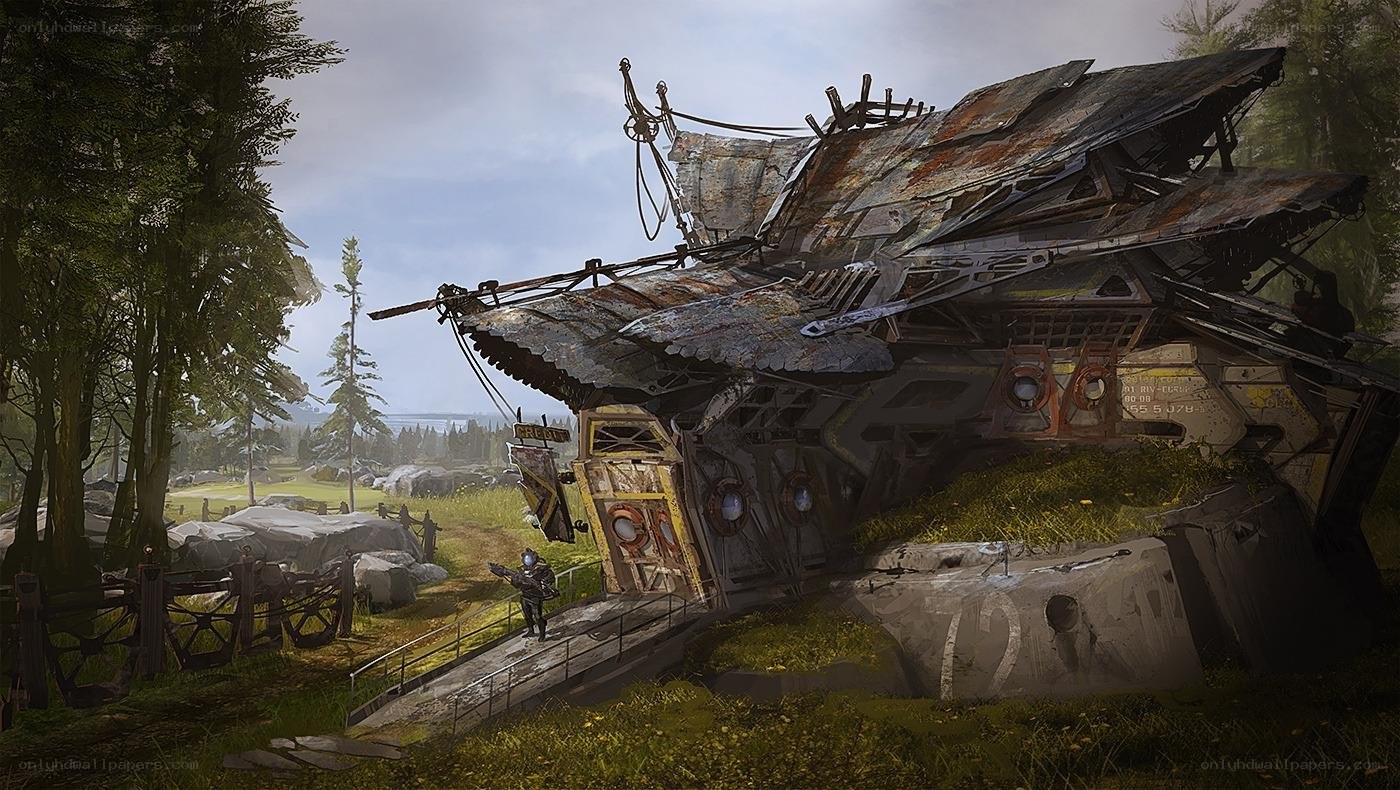 Crashed spaceship in forest