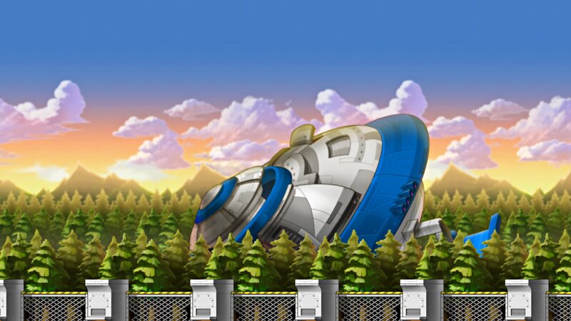 Crashed Spaceship in Forest — Blue, Dramatic