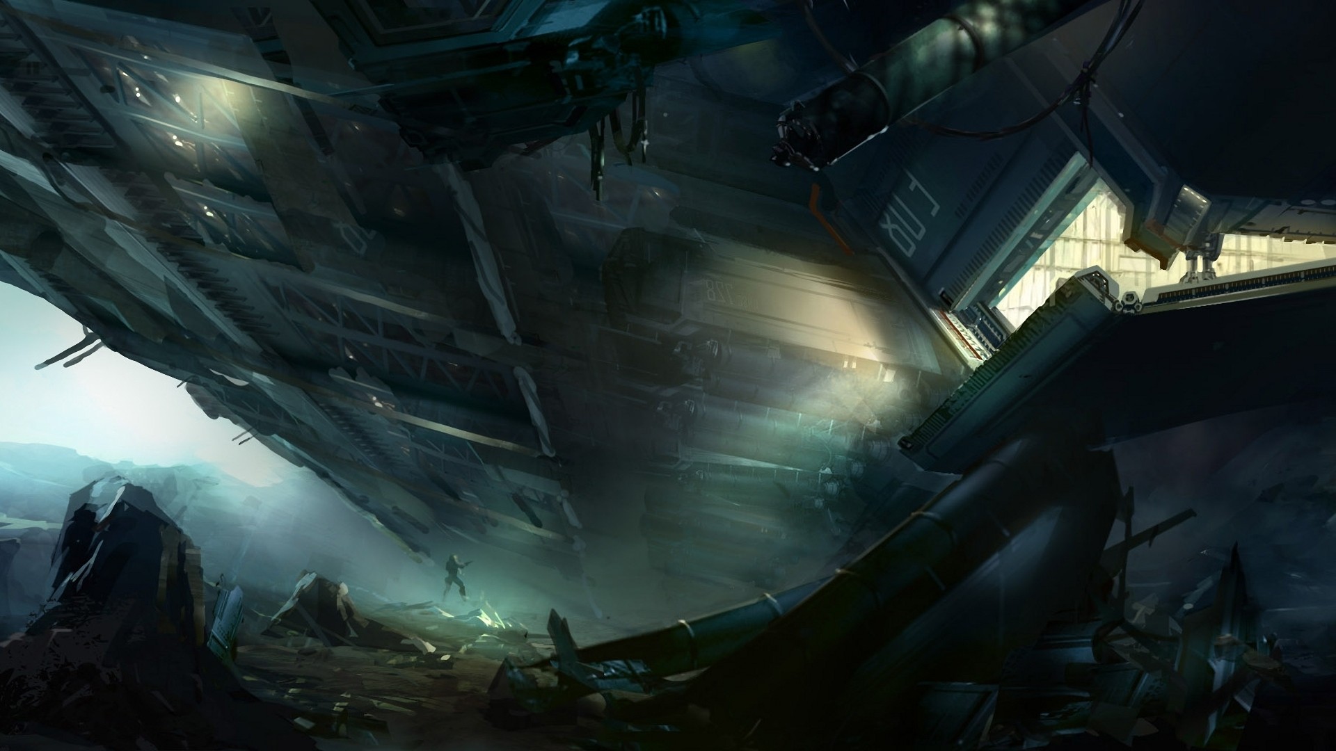 crashed spaceship in ruins