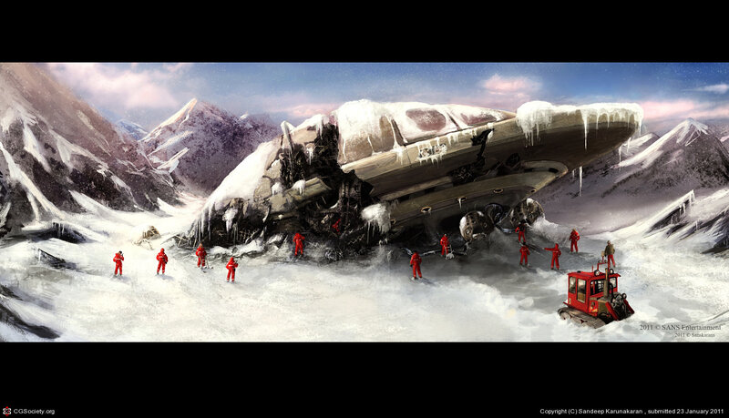 Crashed spaceship in snowy mountains