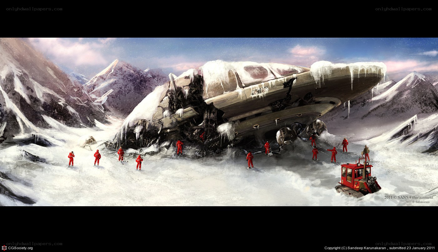 Crashed spaceship in snowy mountains