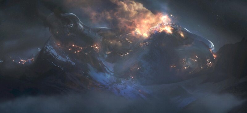 Crashed spaceship on alien planet