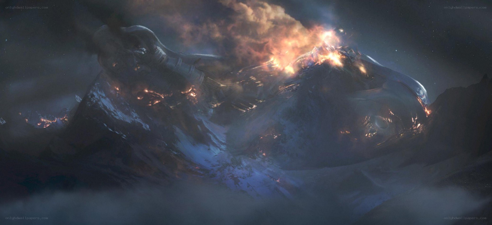 Crashed spaceship on alien planet