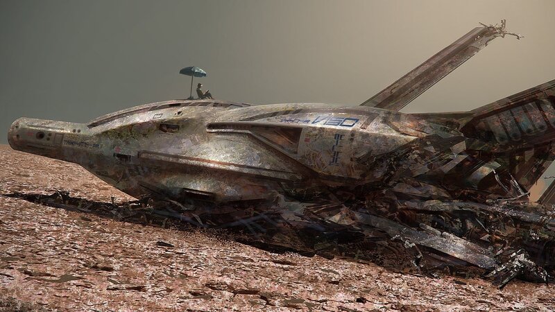 Crashed spaceship on alien planet