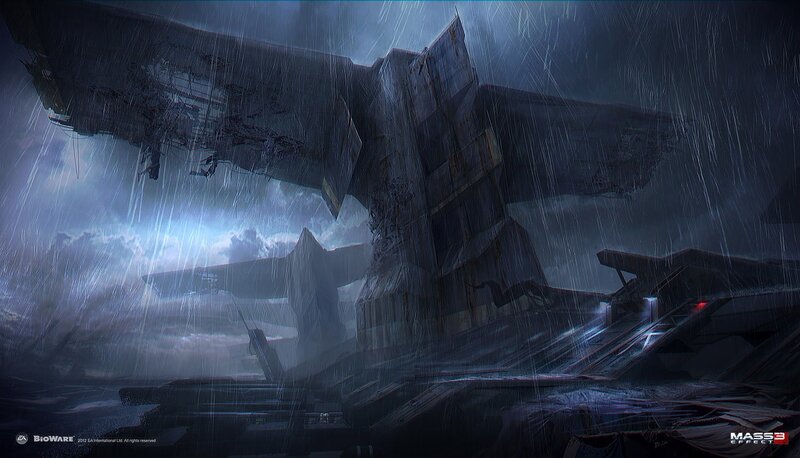 Crashed Spaceship Wreckage — Blue, Dramatic, Night