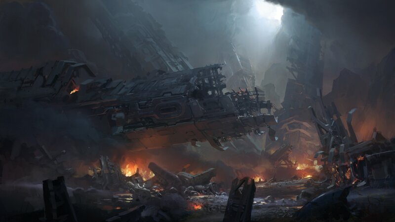 Crashed Spaceship Wreckage — Gray, Dramatic, Digital Art