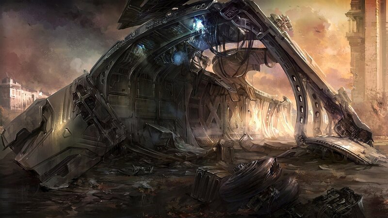 Crashed Spaceship Wreckage — Gray, Dramatic, Sunset