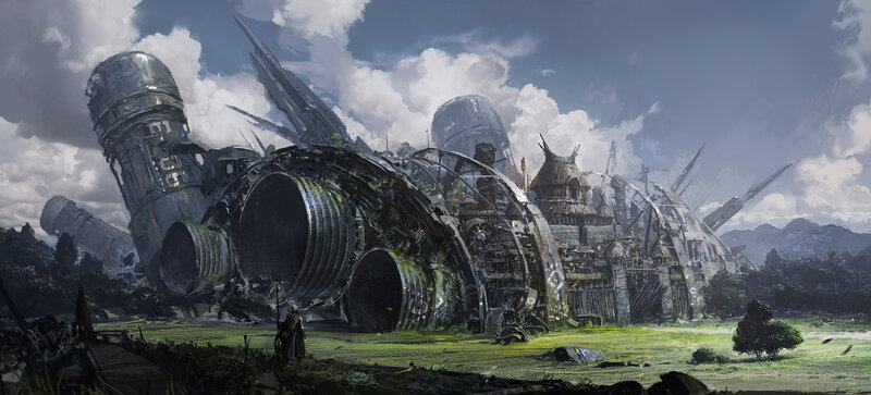 Crashed Spaceship Wreckage — Green, Dramatic, Afternoon