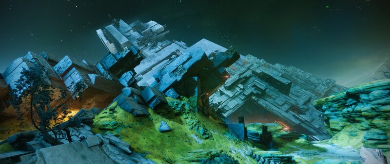Crashed Spaceship Wreckage — Green, Dramatic, Night