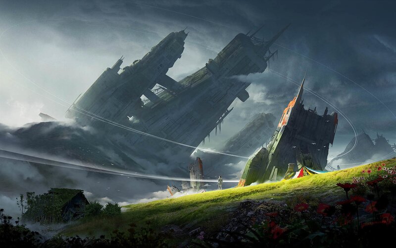 Crashed Spaceship Wreckage — Green, Dramatic