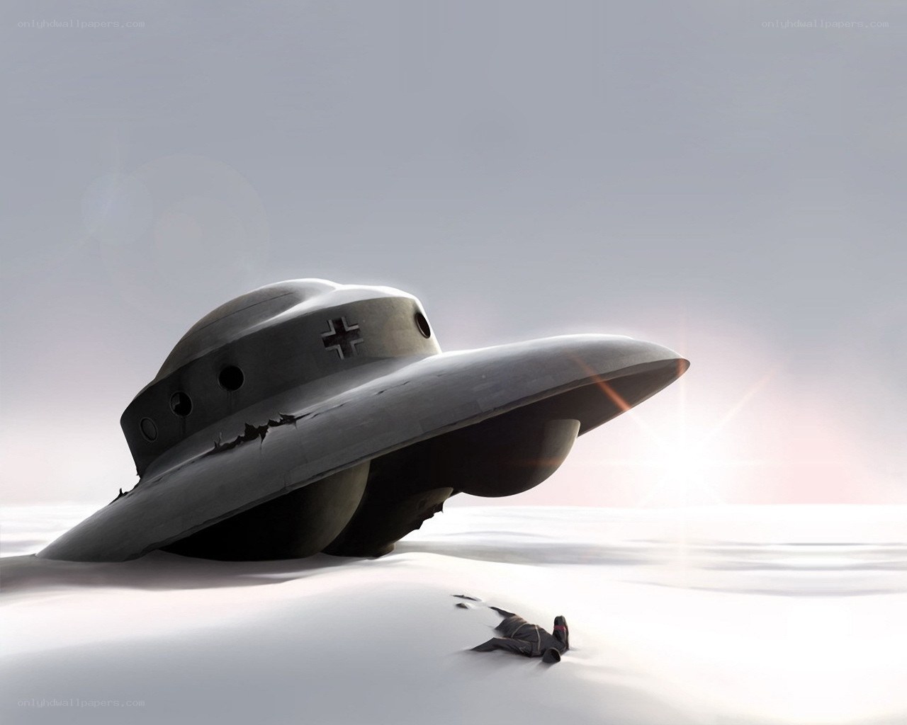 Crashed UFO in snowy landscape
