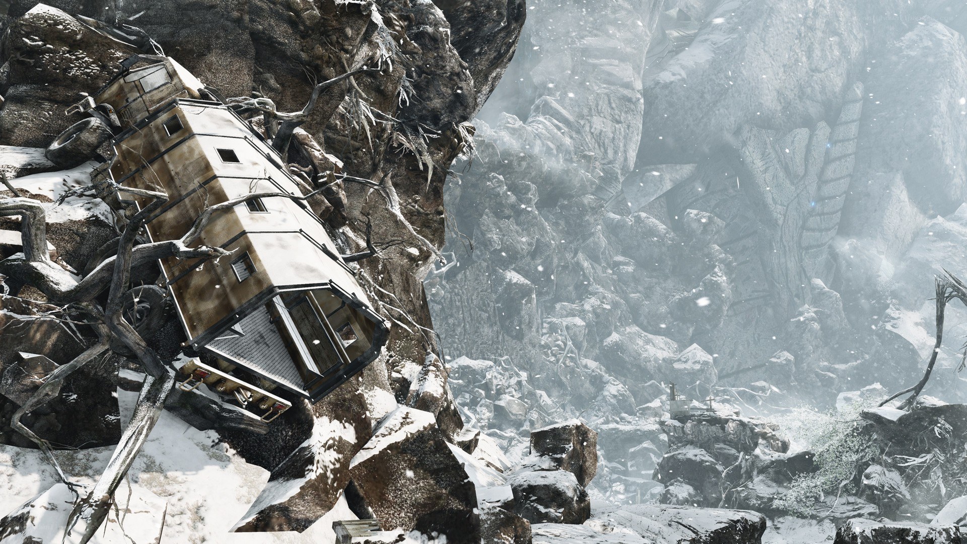 Crashed vehicle on snowy cliff