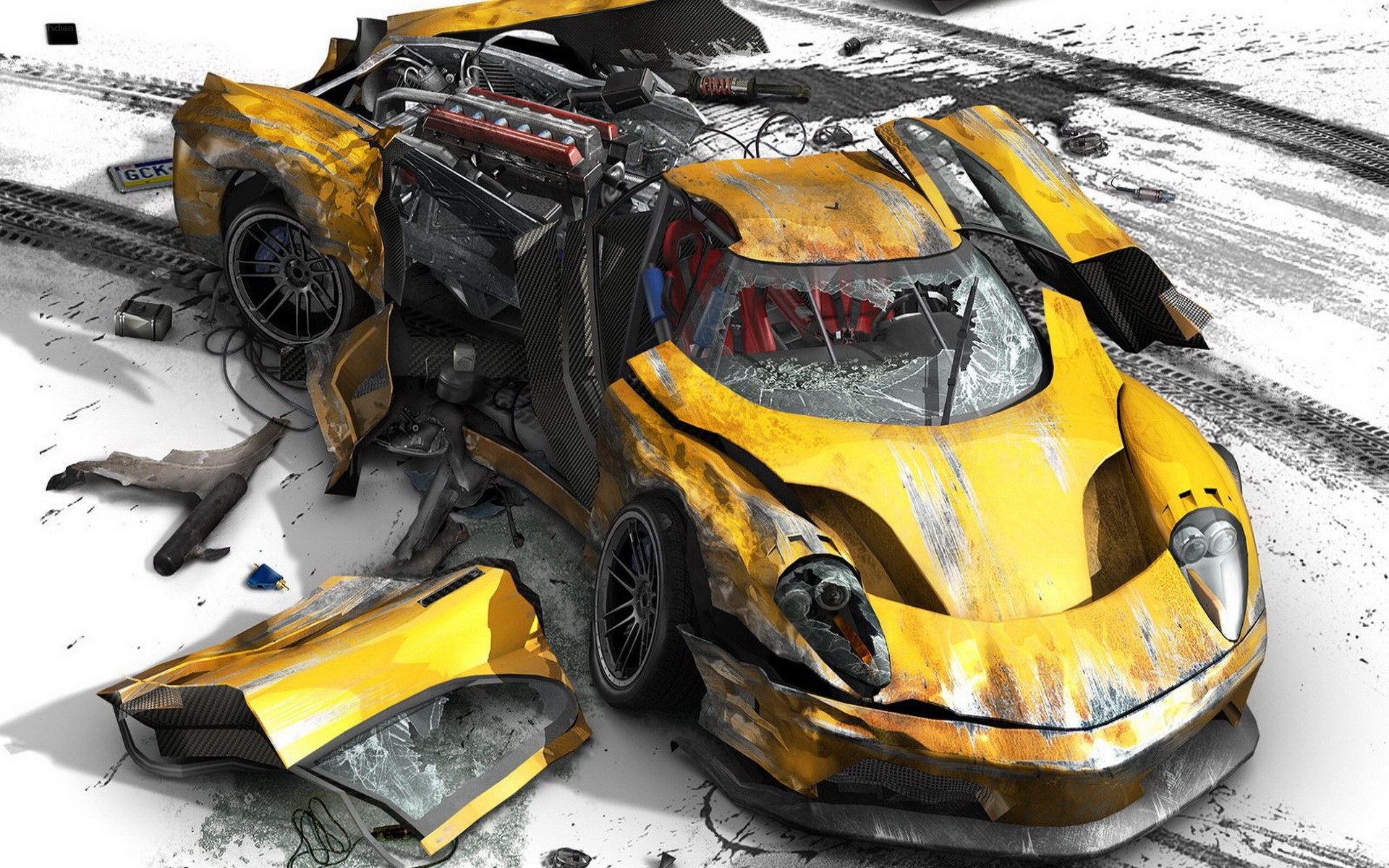 Crashed yellow sports car