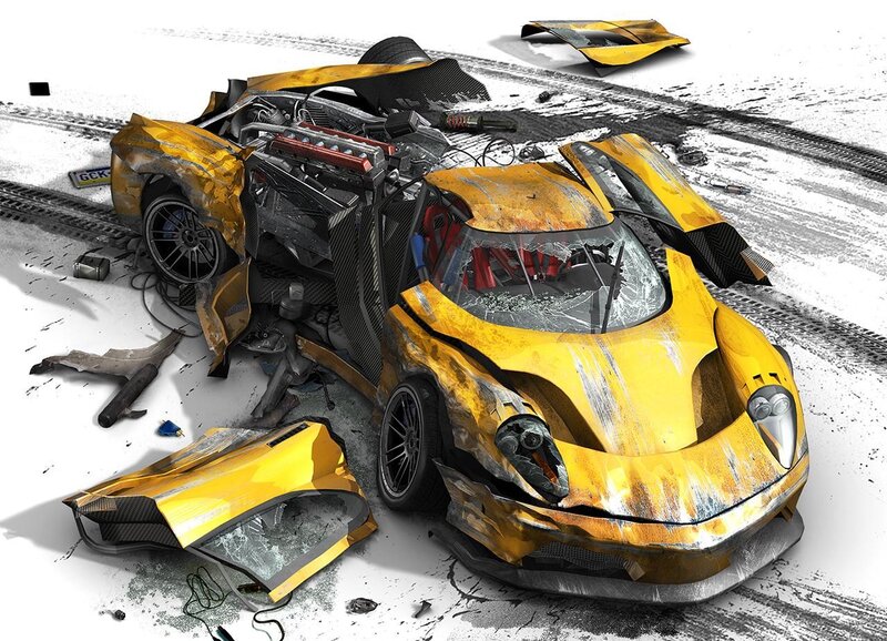 Crashed Yellow Sports Car — Chaotic, Digital Art