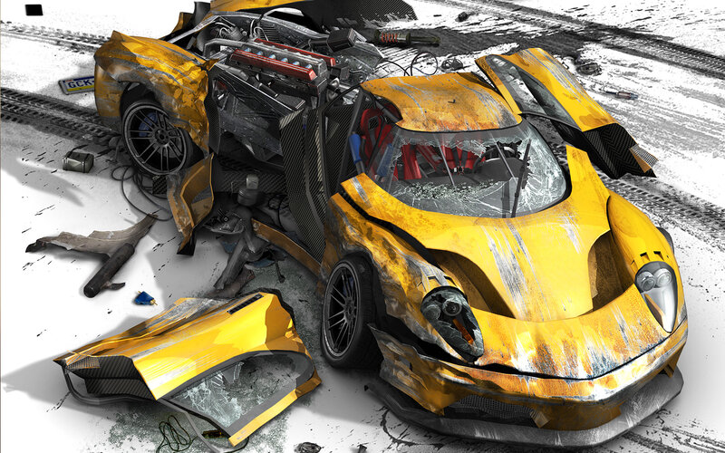 Crashed Yellow Sports Car — Dramatic, Digital Art, Broken Glass