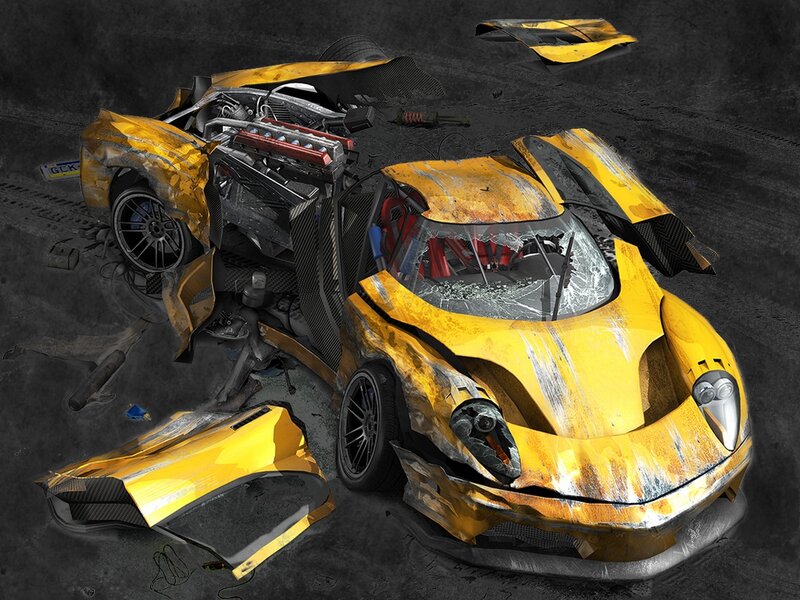 Crashed Yellow Sports Car — Dramatic, Digital Art