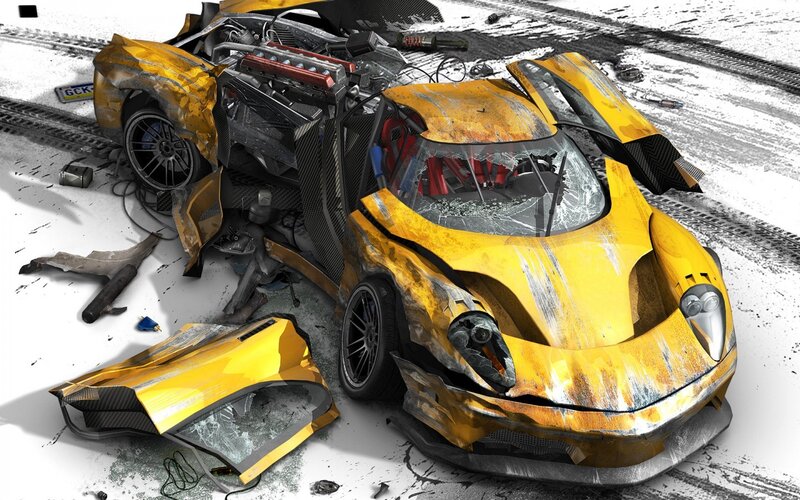 Crashed Yellow Sports Car — Dramatic