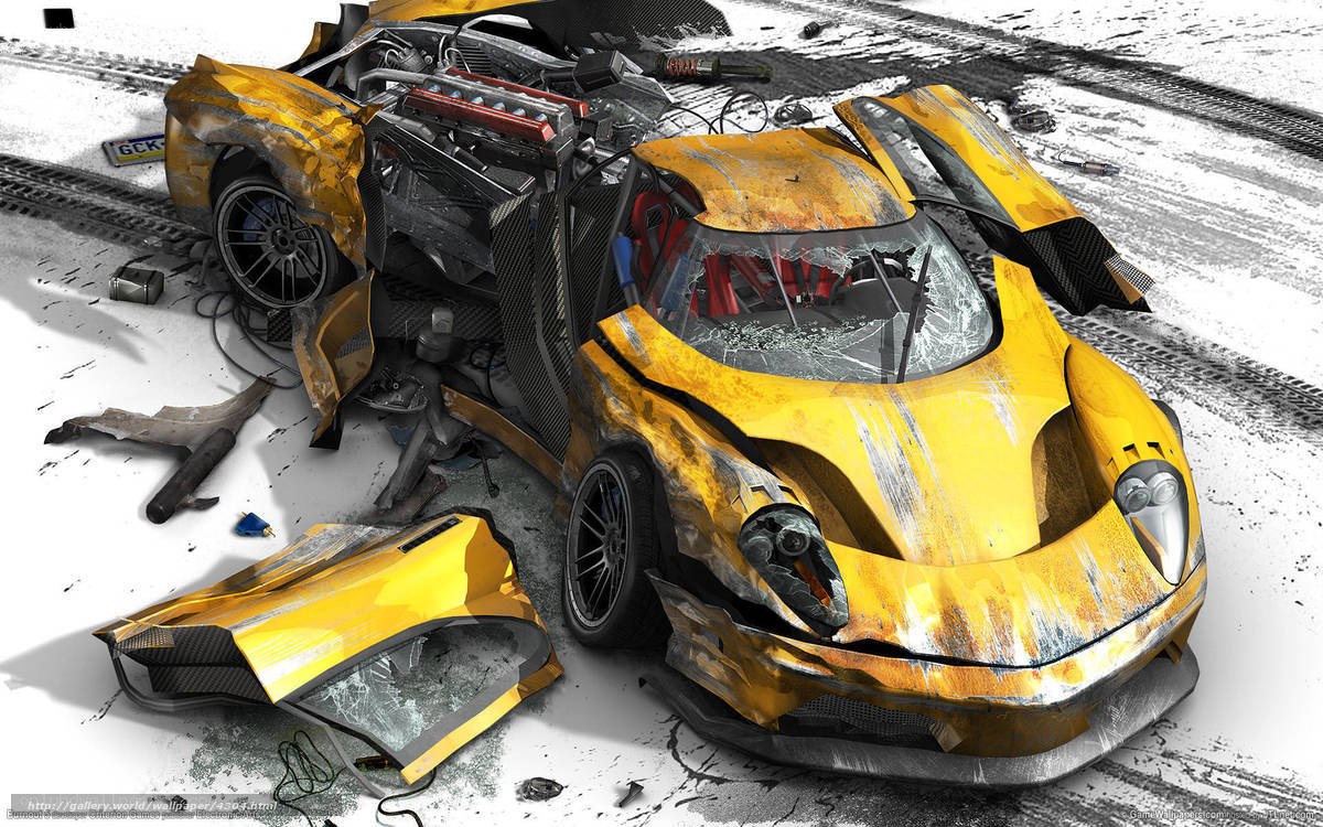Crashed yellow sports car