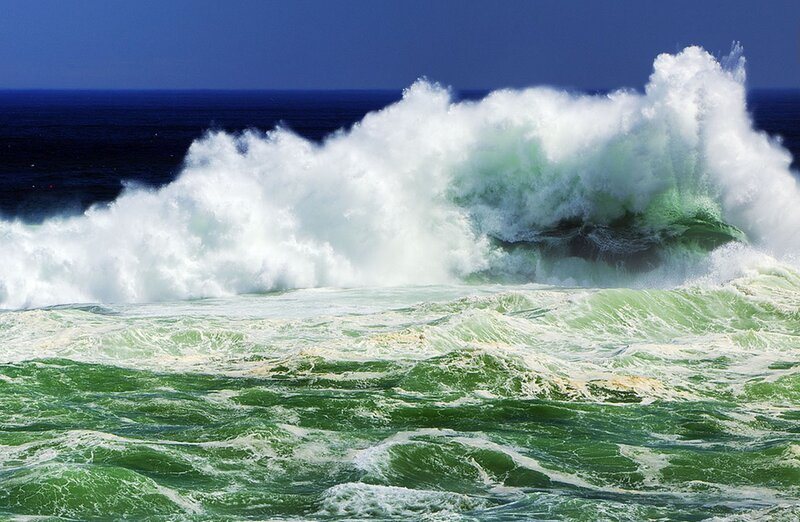 Crashing Ocean Wave — Blue, Dramatic, Afternoon, Photograph, Sky, Foam