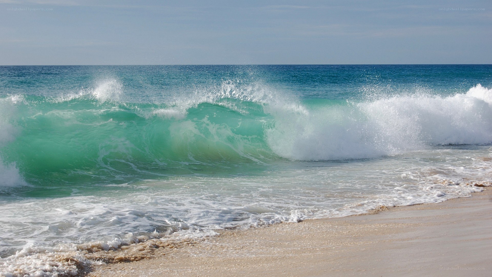 crashing wave on sandy beach