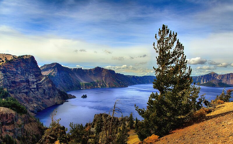 Crater Lake and Mountains — Blue, Serene, Afternoon, Photograph, Tree