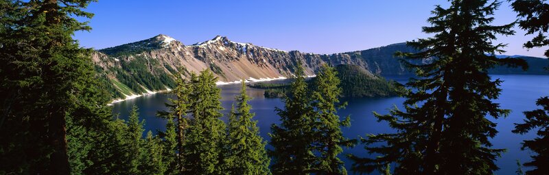 Crater Lake and Mountains — Blue, Serene, Afternoon, Photograph, Trees