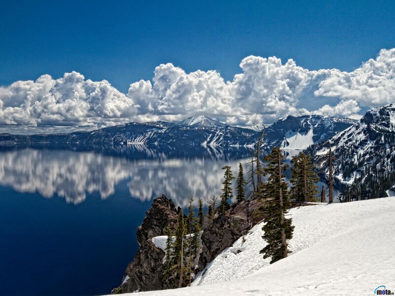 Crater Lake and Mountains — Blue, Serene, Winter, Photograph