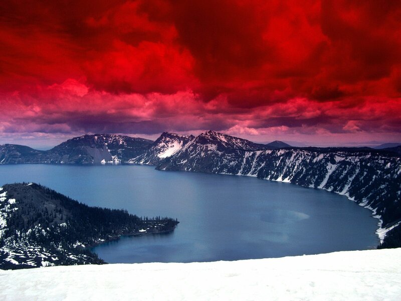 Crater Lake and Mountains — Red, Dramatic, Winter