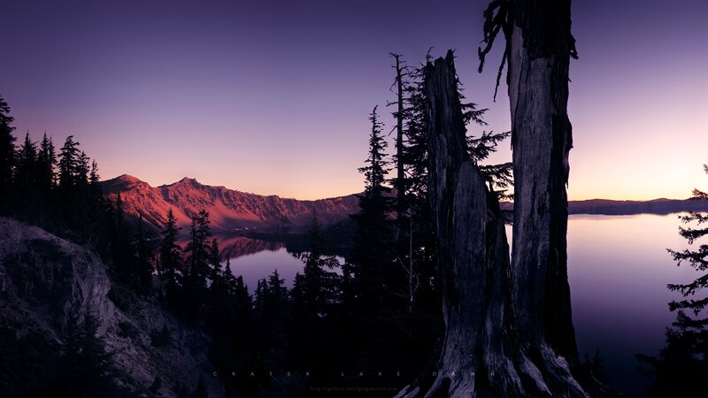 Crater Lake at Dawn — Purple, Serene, Photograph, Mountains