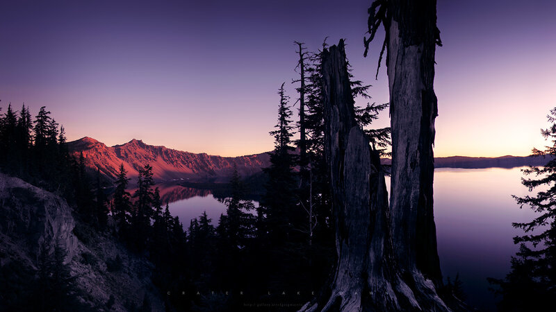 Crater Lake at Dawn — Purple, Serene, Photograph, Mountains, Trees