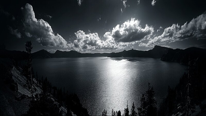 Crater Lake at Dusk — Black, Dramatic, Night, Photograph, Mountains, Clouds, Trees, White, Gray