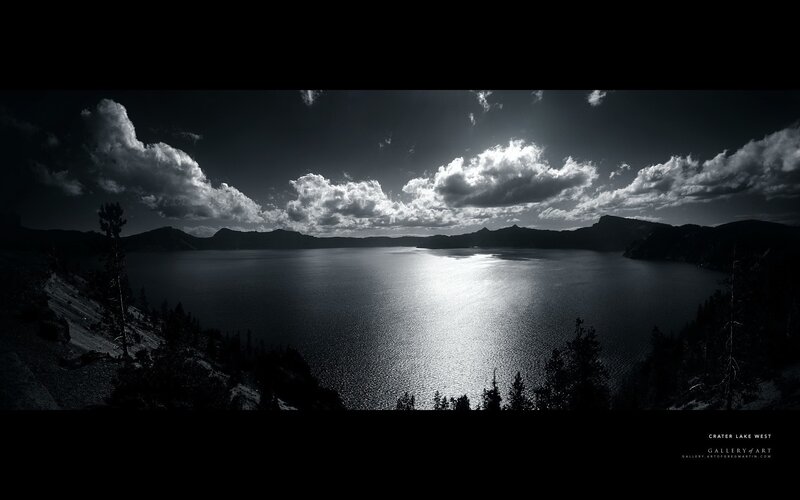Crater Lake at Dusk — Black, Dramatic, Night, Photograph, Mountains, Clouds, Trees, White