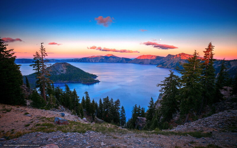 Crater Lake at Dusk — Blue, Serene, Sunset, Photograph, Mountains