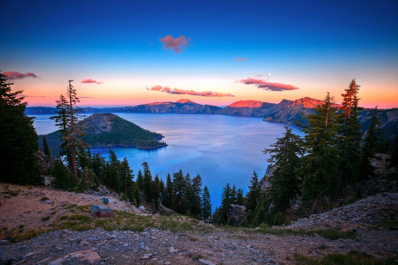 Crater Lake at Dusk — Blue, Serene, Sunset, Photograph, Mountains, Trees