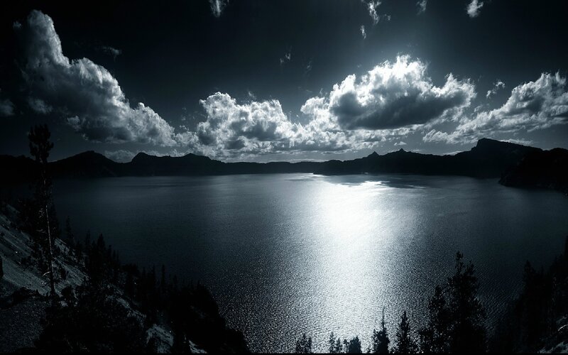 Crater Lake at Night — Black, Dramatic, Photograph, Mountains, Clouds