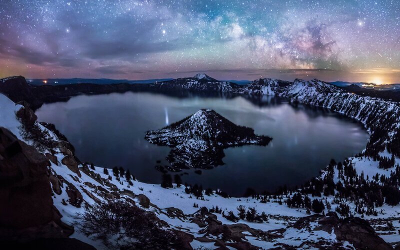 Crater Lake at Night — Blue, Serene, Photograph, Starry Sky
