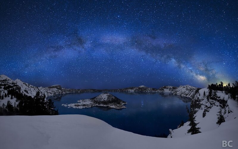 Crater Lake at Night — Blue, Serene, Photograph, Stars