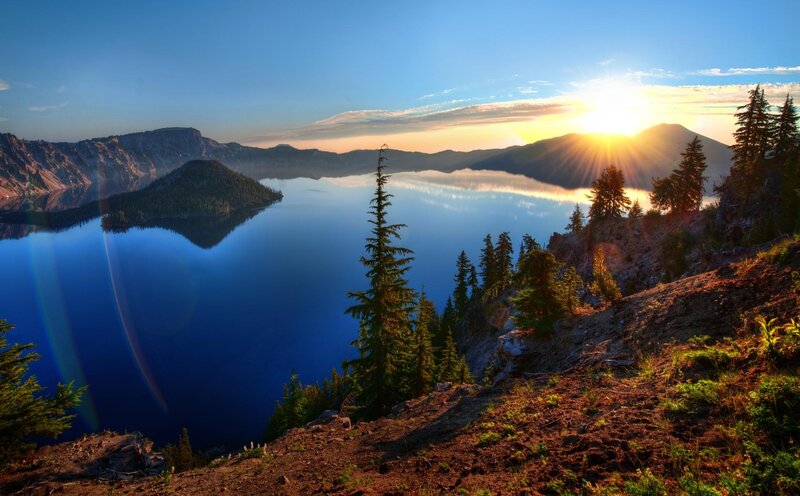Crater Lake at Sunrise — Blue, Serene, Photograph, Mountains