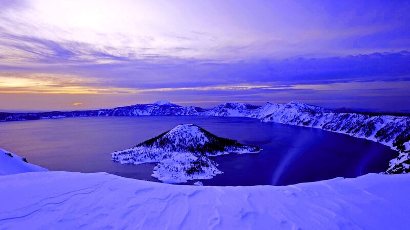 Crater Lake at Sunrise — Blue, Serene, Photograph