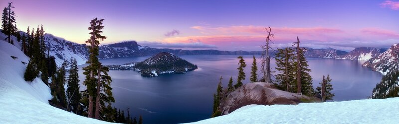 Crater Lake at Sunrise — Purple, Serene, Photograph