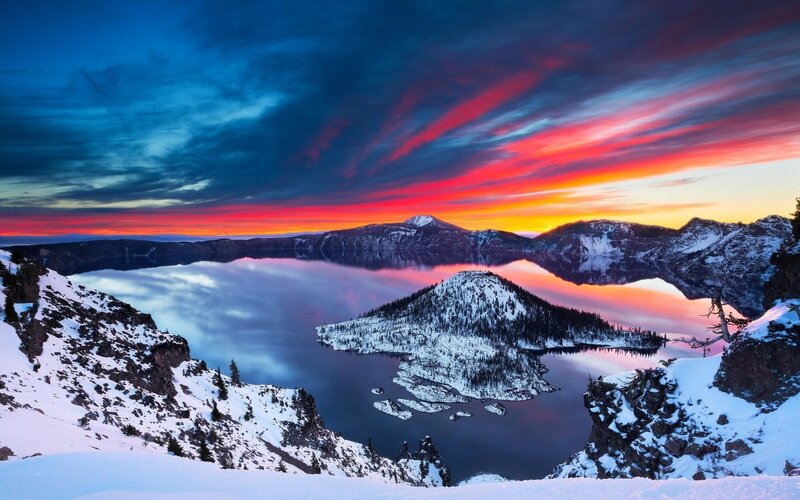 Crater Lake at Sunset — Blue, Dramatic, Photograph, Mountains
