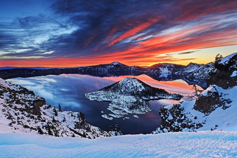 Crater Lake at Sunset — Blue, Dramatic, Photograph, Snow, Mountains